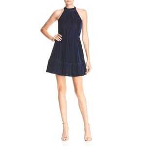 NWT AQUA Bloomingdale's High Neck Velvet Ruffle Mini Dress Navy Blue Medium